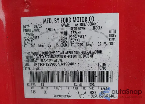 2006 Ford F-150 Stx/Xl/Xlt из США, поврежденный, VIN 1FTRF12W86NA19940